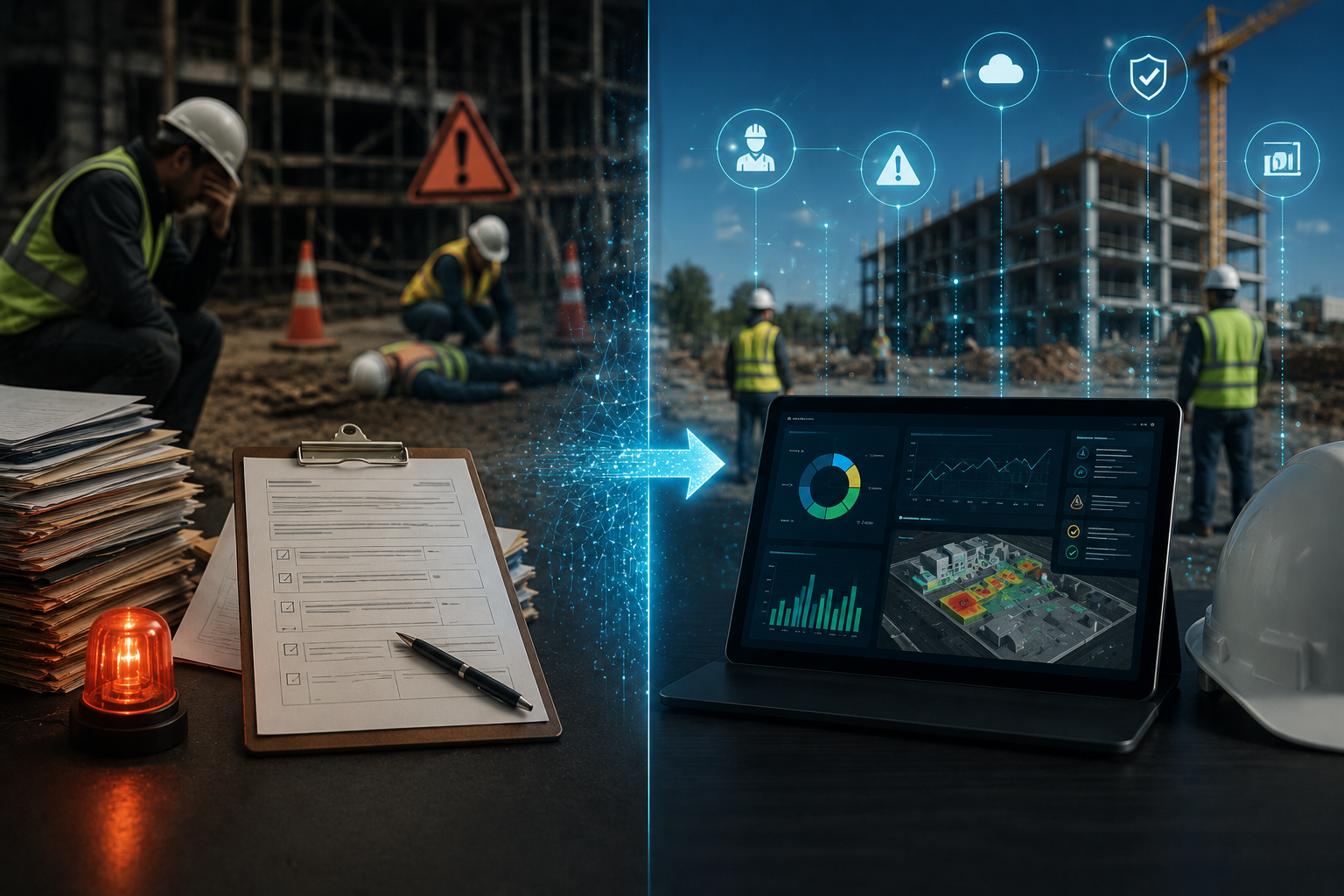 Visual comparison between reactive safety compliance and AI-driven predictive prevention strategies.