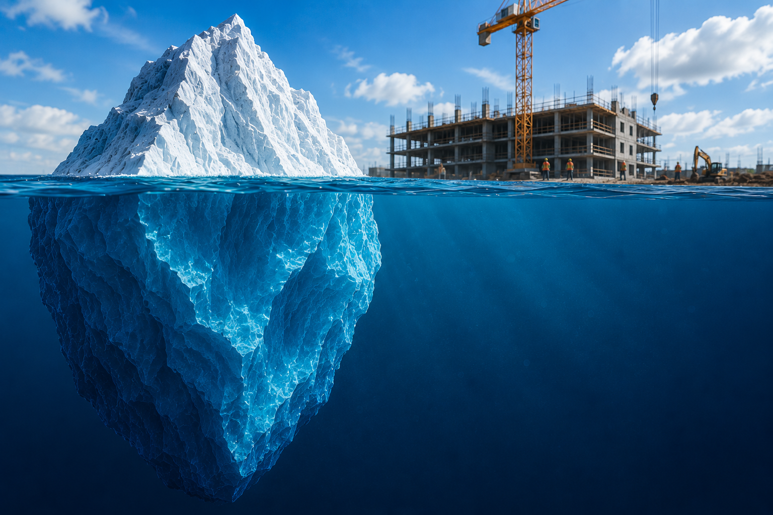 Illustration showing the visible and hidden costs of construction incidents using an iceberg metaphor.