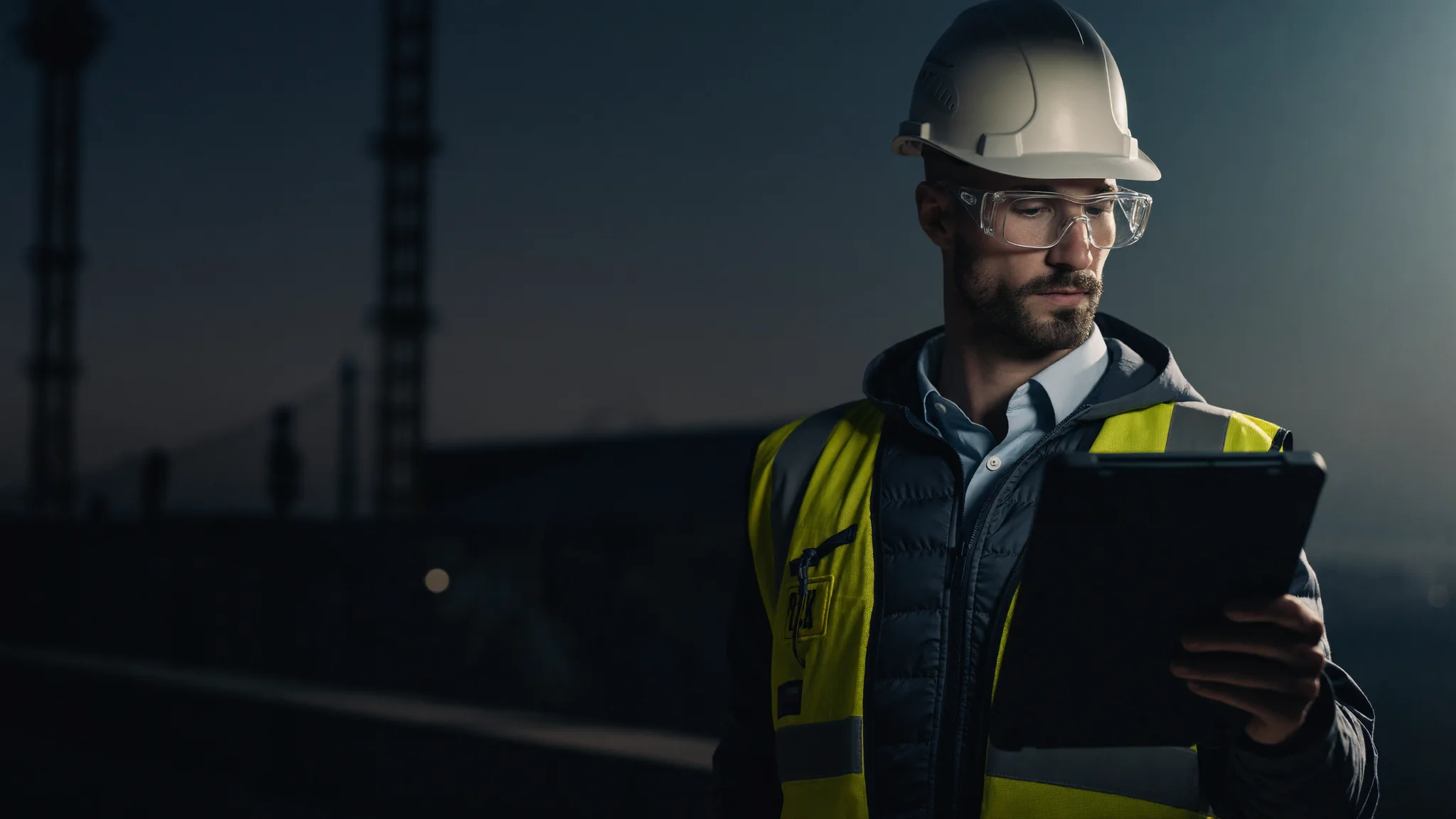 Field worker in a hard hat and hi-vis vest reviewing the ECSafety app on a tablet at dusk