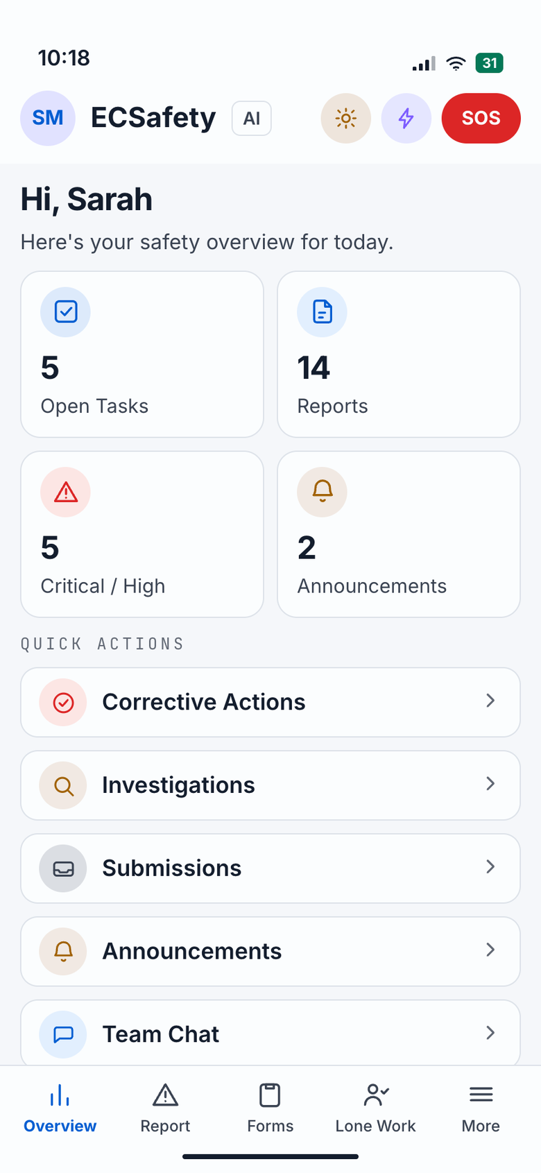 Mobile app push notification to an EHS Manager: 'Critical Recommendation — Address PPE Compliance Gaps · 45 violations this week · Tap to review'. Opening the notification shows the full recommendation card with evidence metrics, related incidents, and a one-tap Implement button that creates and assigns corrective actions automatically.