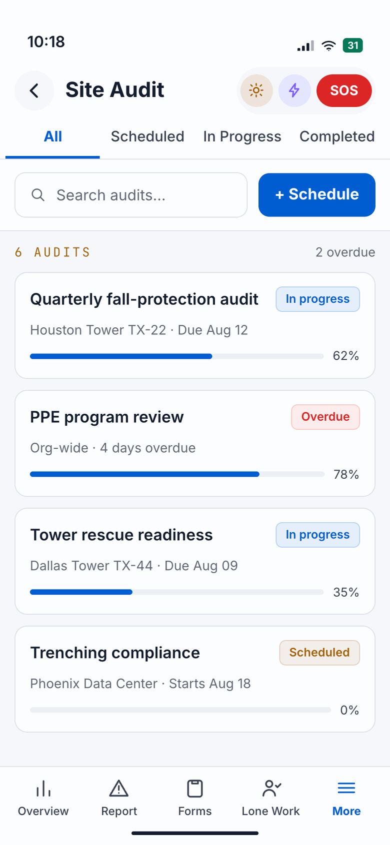 Mobile Site Audit — 12-item checklist, 7 complete, 1 finding flagged amber with photo and Aura-pre-filled corrective action