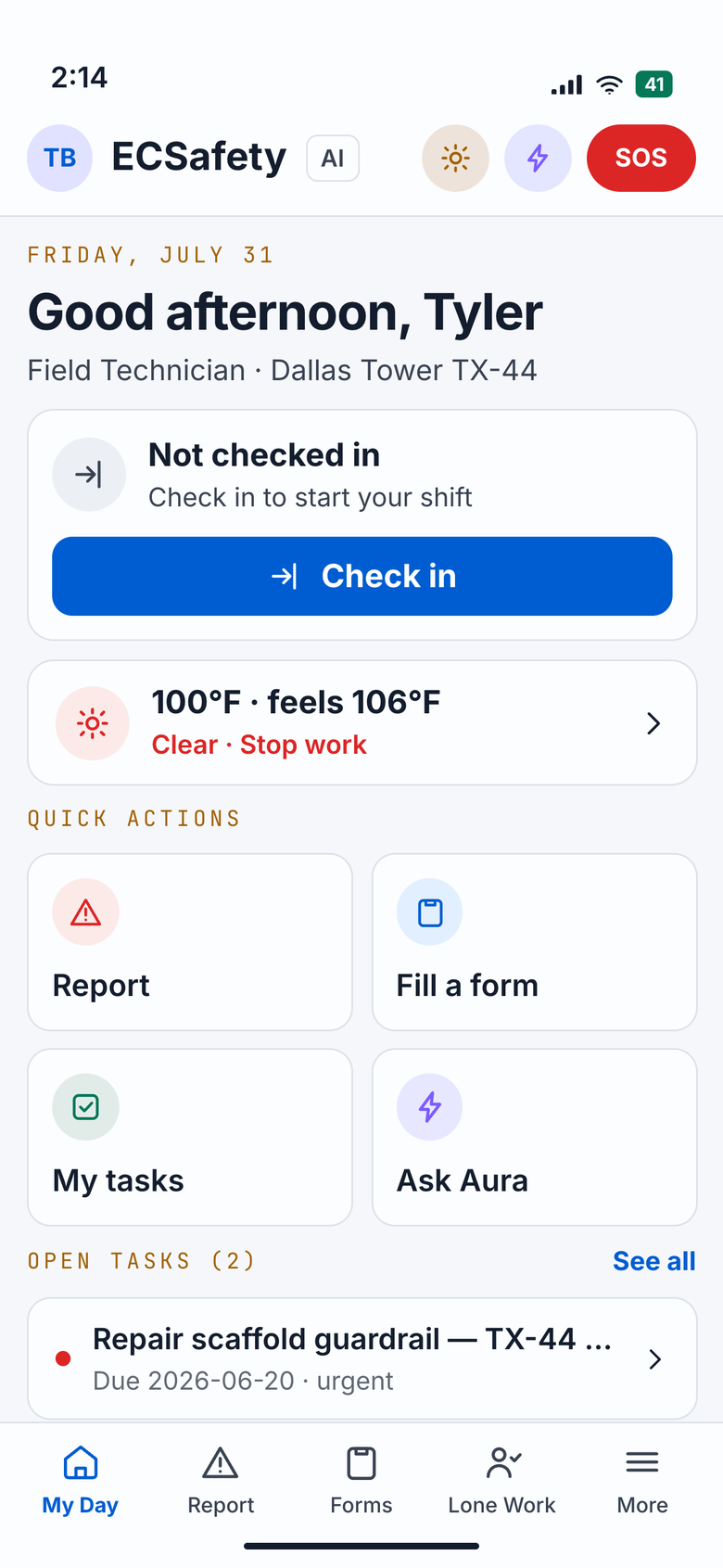 ECSafety mobile app home screen — field worker view showing Today's tasks (1 PTP to submit, 2 safety actions), active Lone Worker session badge, weather alert (Heat Advisory), and Aura Assistant quick-access button at the bottom