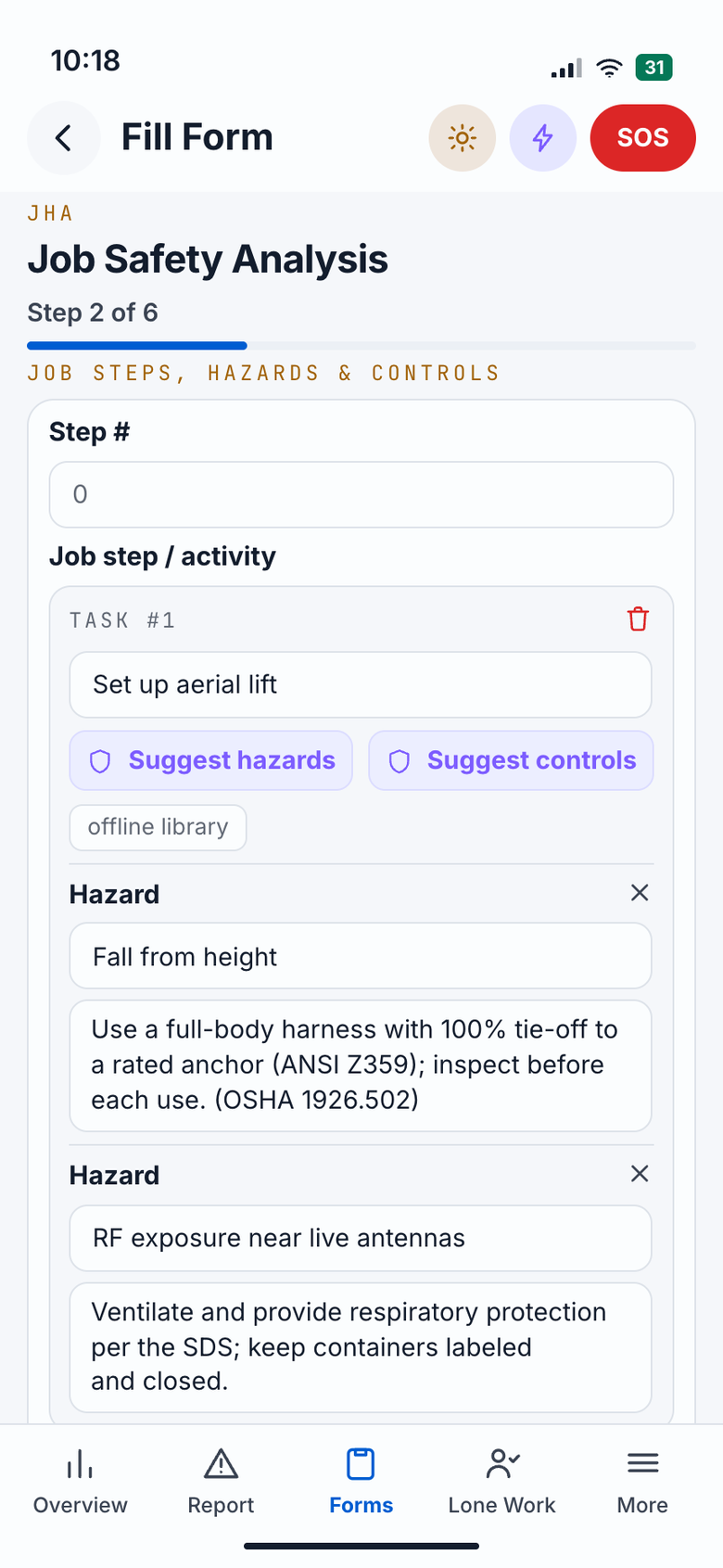 Mobile app showing a JHA/JSA form being filled by a field worker — Aura has pre-filled the location, weather (82°F, Clear), and nearby fire station. Three AI-suggested hazards appear below the Task field with checkboxes the worker can select to accept. A 'Save offline' badge is visible at the top.