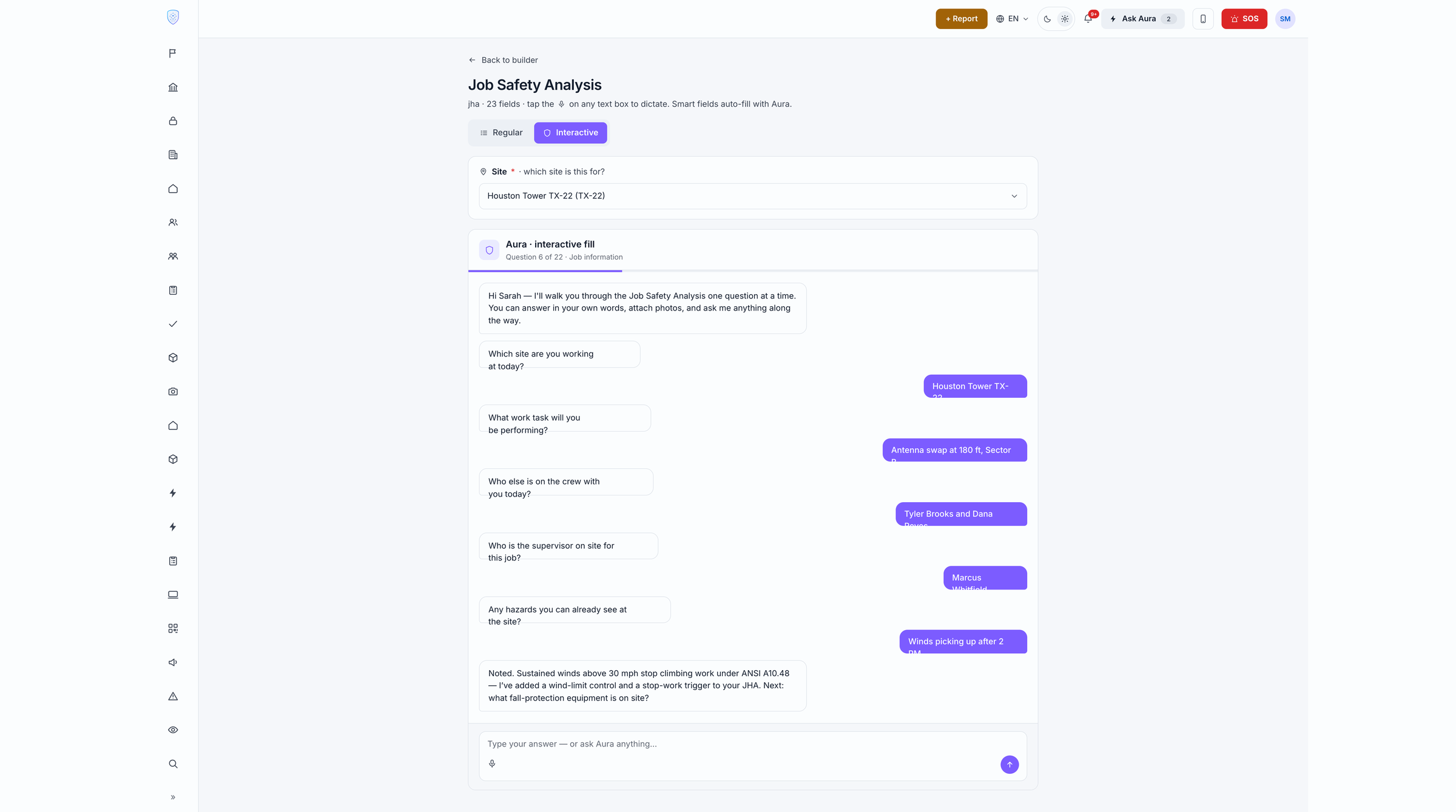 Dashboard showing submitted forms list — PTP, JHA, and Site Audit forms with Aura compliance scores (95%, 88%, 72%), submitted-by name, site location, timestamp, and status badges (Pending Review / Approved). A form with a compliance gap is highlighted in amber.